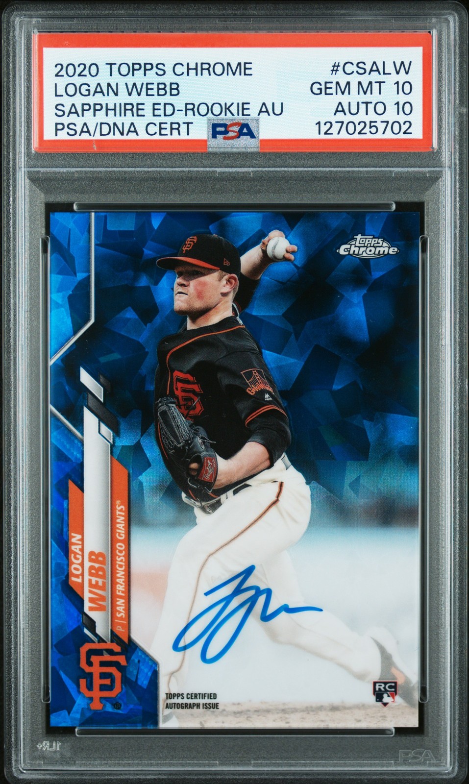 2020 TOPPS CHROME SAPPHIRE ED RC AUTO #CSALW LOGAN WEBB PSA 10 AUTO 10
