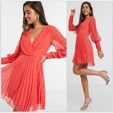 ASOS DESIGN Orange Polka Dot Pleated V Neck Long Sleeve Mini Dress Size 12