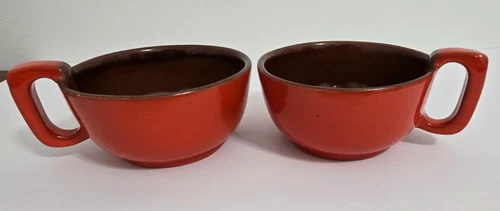2 Frankoma Pottery Soup Latte Mugs 4SC Flame Orange Brown Interior