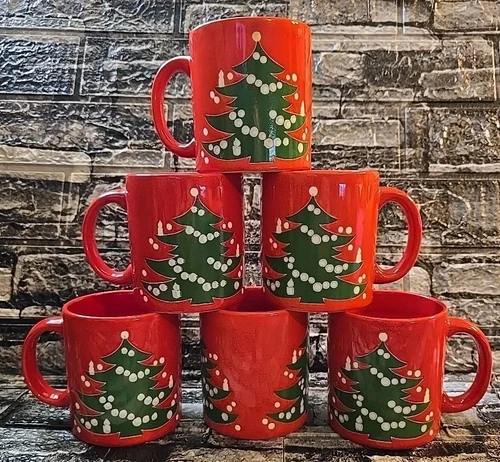 Vintage WAECHTERSBACH Christmas Tree Mugs Cups Set of 6 Germany Red 12oz NICE
