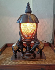 Handmade Thai Elephant Table Lamp Carved Wooden Double Elephant Lamp with Wove