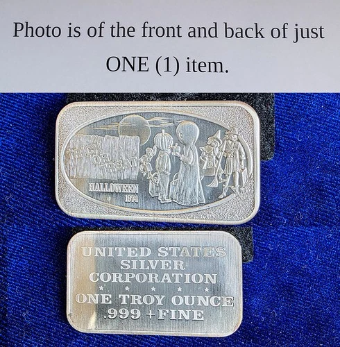 Rare Vintage 1974 USSC Halloween Trick Or Treat 1 Troy Oz 999 Fine Silver Bar