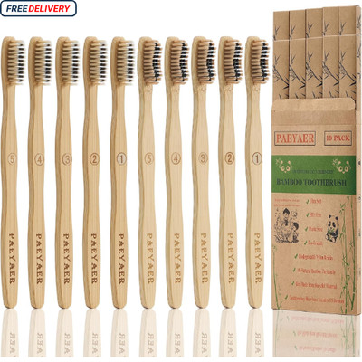 Bamboo Toothbrushes 10 Pack Biodegradable Soft Medium Charcoal Bristles