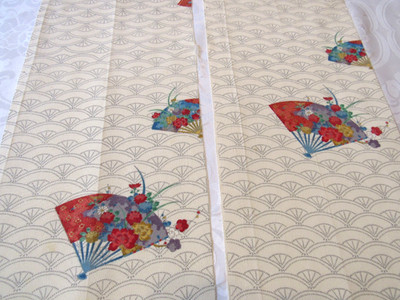 2 Pcs Yuzen Flower Fans Seigaiha Japanese Kimono Fabric 100% Silk 76'' L #J2
