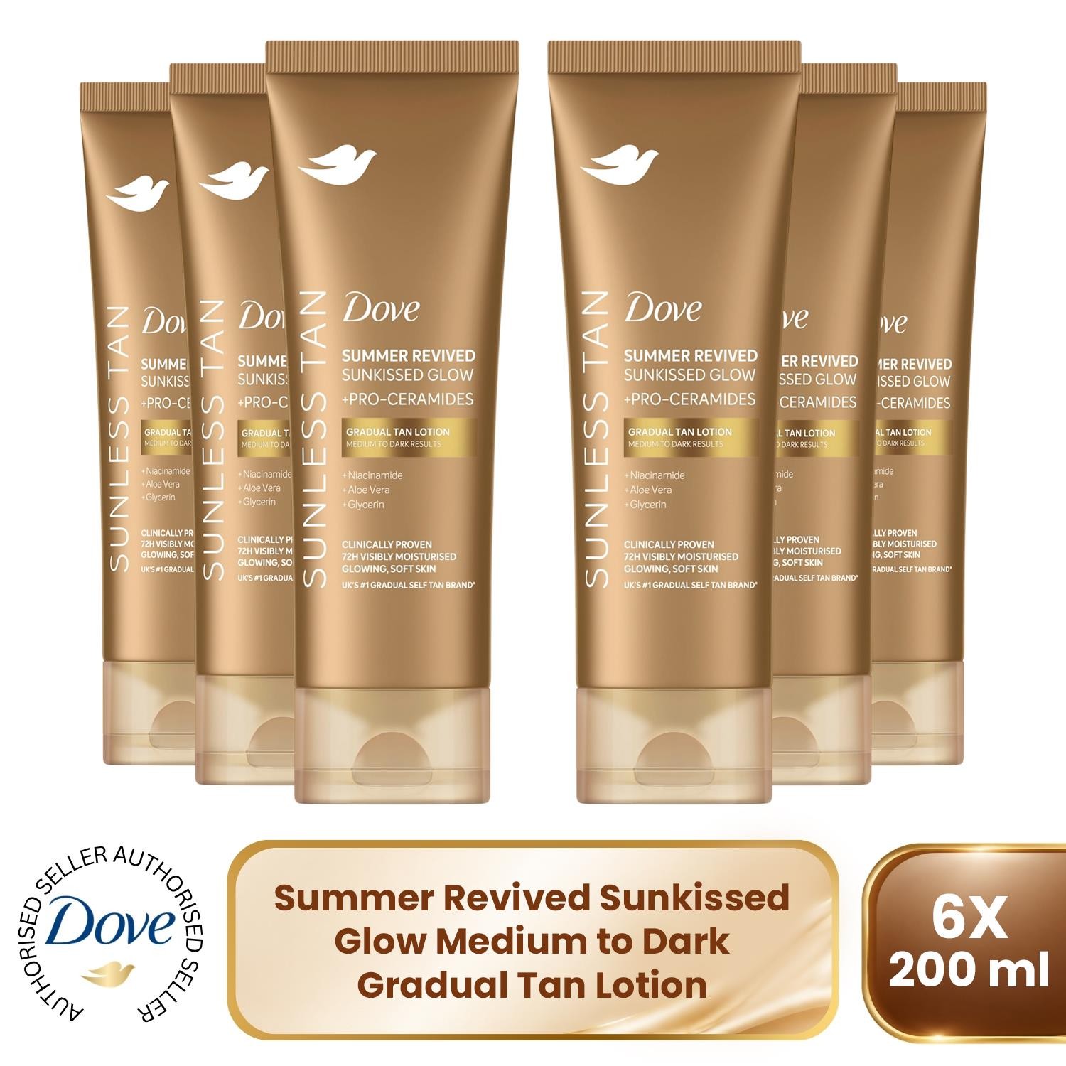 Dove Summer Revived Tanning Lotion 200ml 6 Pack, Light to Medium Sunkissed Glow