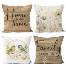 Rustic Throw Pillow Covers 18x18 Set of 4, Family Birds Floral Neutral Farmho...