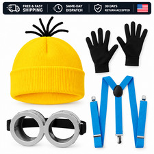 4 Pcs Adult Halloween Costume Set Yellow Hat Goggles Gloves Suspenders