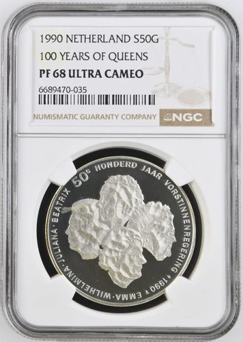 1990 NETHERLANDS SILVER 50 GULDEN 100 YEARS OF QUEENS - NGC PF68 UC