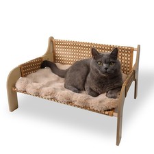 2-in-1 Rattan Cat Couch Bed with Removable Plush Mat  Indoor Pet Sofa for Ki...