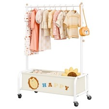 Kids Clothing Rack with Basket, Baby Closet Dress Up Storage, Kids Beige