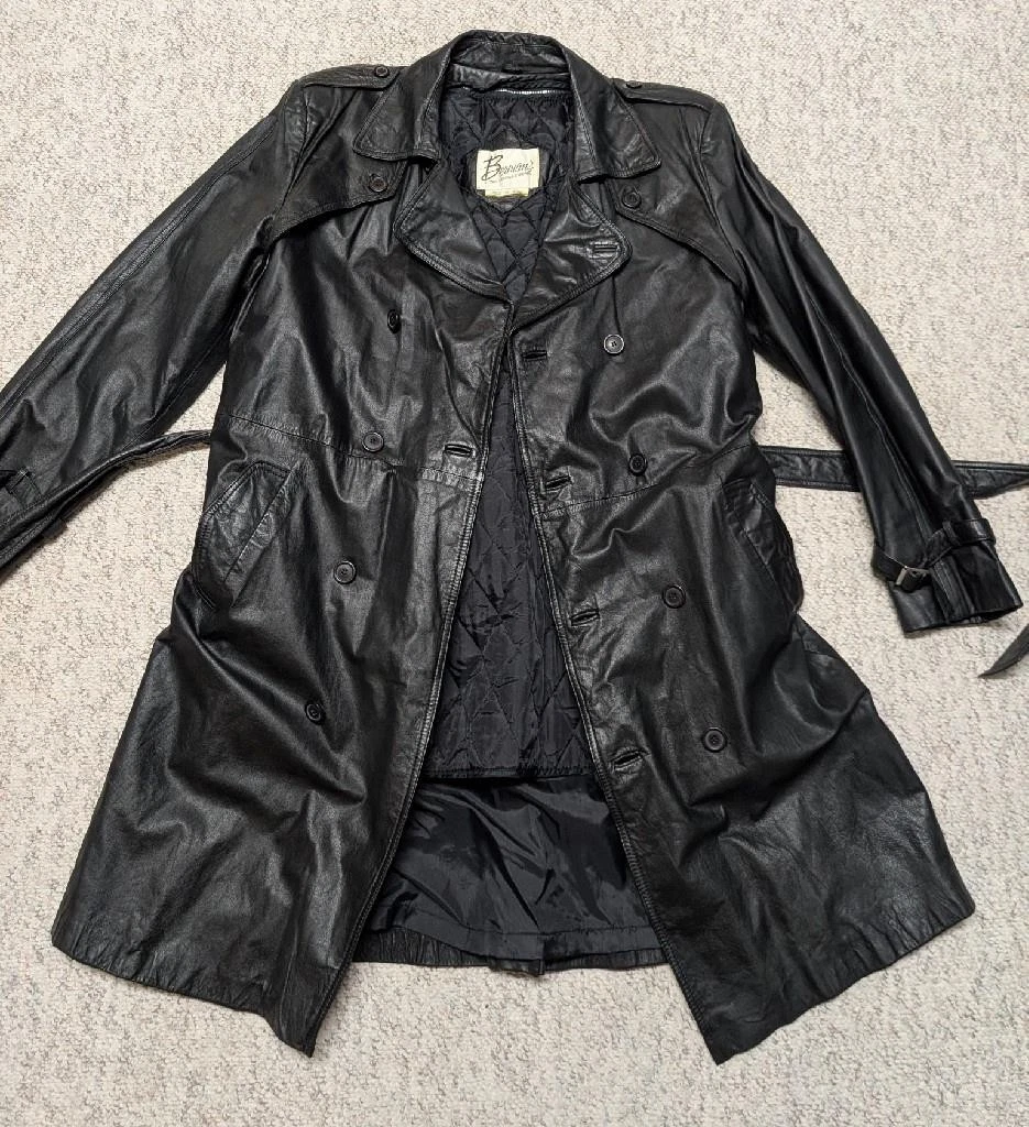 1980s vintage TRENCH COAT leather 42 double breasted BELTED black SHERLOCK - product detail image 6