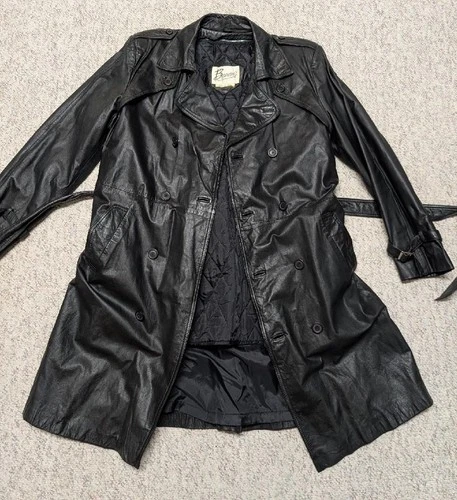 1980s vintage TRENCH COAT leather 42 double breasted BELTED black SHERLOCK image 6