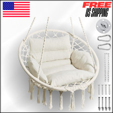 Macrame Swing, Hammock Chair with Cushion, Boho Hanging For Patio, Balcony Beige