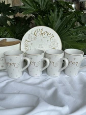 NEW!❤️Set of 4 Gold Hausenware by Lyn Dillin Coffee Tea Mugs Cup in box-Cheer!