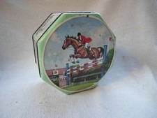 MACFARLANE LANG BISCUIT TIN ~ HORSE JUMPING EQUESTRIAN DESIGN OCTAGON