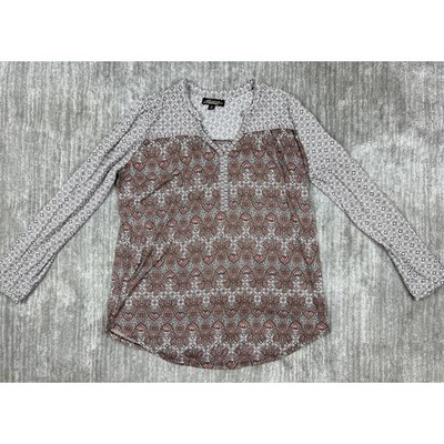 Absolutely Famous Blouse Womens L Rust Mixed Print Split V-Neck Long Sleeve Top