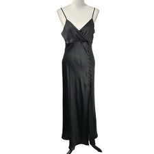Zara Womens Satin Midi Slip Dress Sz Large Black Button Side Slip Detail V Neck