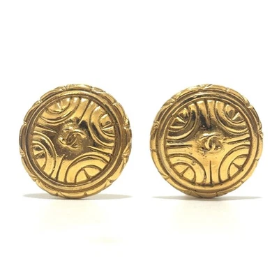 Boucles d'oreilles rondes CHANEL marque coco logo CC clip doré vintage... - Photo 1/4