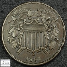 1864 Small Motto Copper Two Cent Piece 2C (Key Date!)