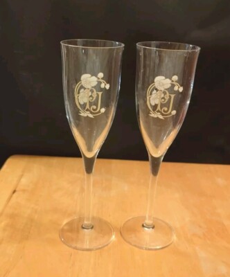 Pair of Perrier Jouet Fleur De Champagne Crystal Flute Glasses Set of 2 PJ Logo