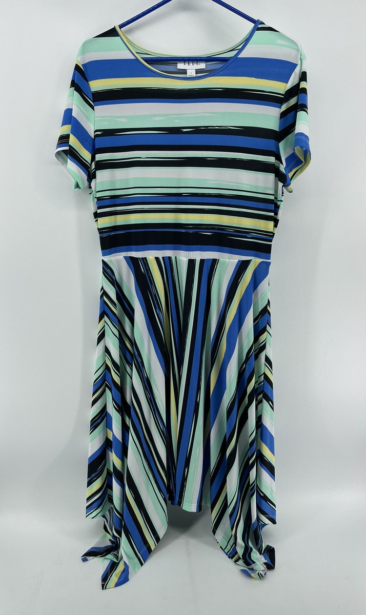 Elle Short Sleeve Stretch Dress Womens Size Large Blue Yellow Teal