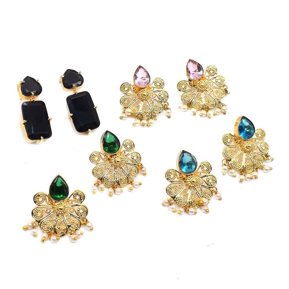 Multi Quartz Stud Earrings 4-Pair Gold Plated Jewelry Gift Lot g869-image