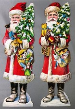 2 SANTA CLAUS Tree  Toys Christmas DIE CUT Embossed 9 1/4"