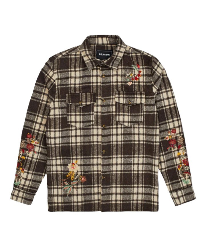 Reason Botanic Embroidered Flannel Overshirt Button Up Brown Men's Size Medium