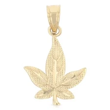 14K Yellow Gold Marijuana Leaf Charm Pendant For Necklace or Chain