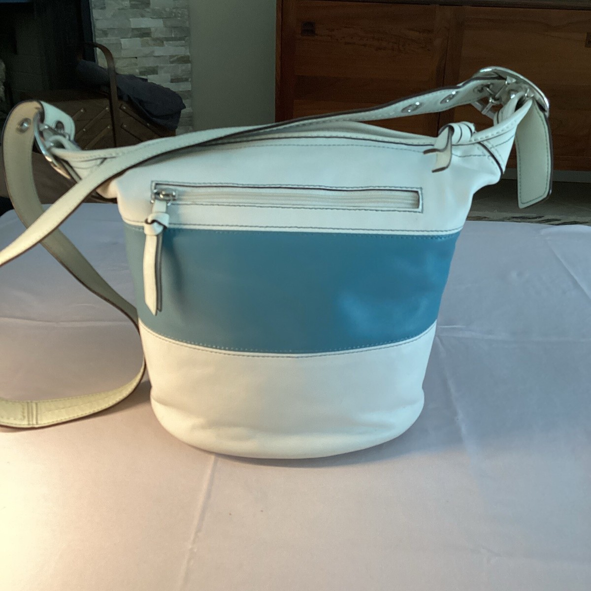 Classic Coach Blue and White Leather Bucket Shoulder Bag