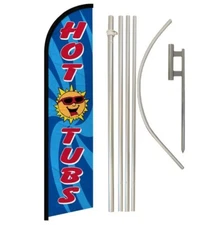 Hot Tubs Blue Advertising Windless Banner Flag & Flag Pole Kit & Ground Spike