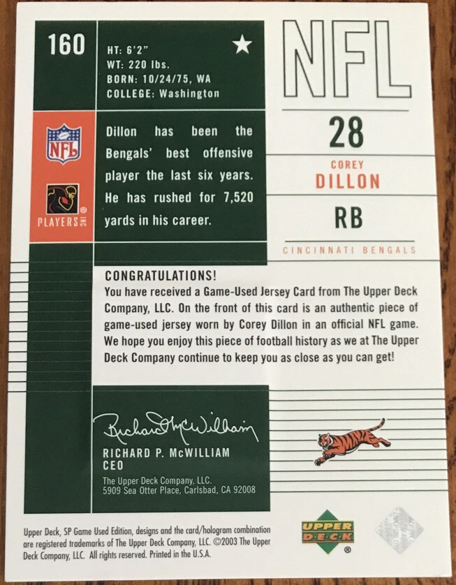 2003 SP Game Used Edition Jersey Corey Dillon #160 Cincinnati Bengals - Image 2 of 2