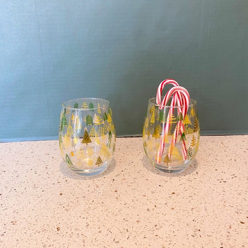 Set of 2 Winter Holiday Christmas Trees Stemless Wine Glasses Green Gold - Picture 14 of 14