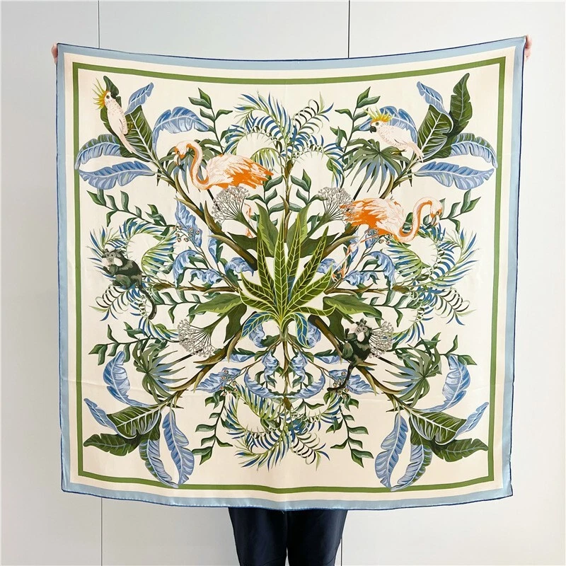 Sallys 100% Silk Wrap Shawl Bandanna Shawl Birds Print Square Scarf 43" Blue - Image 4 of 4