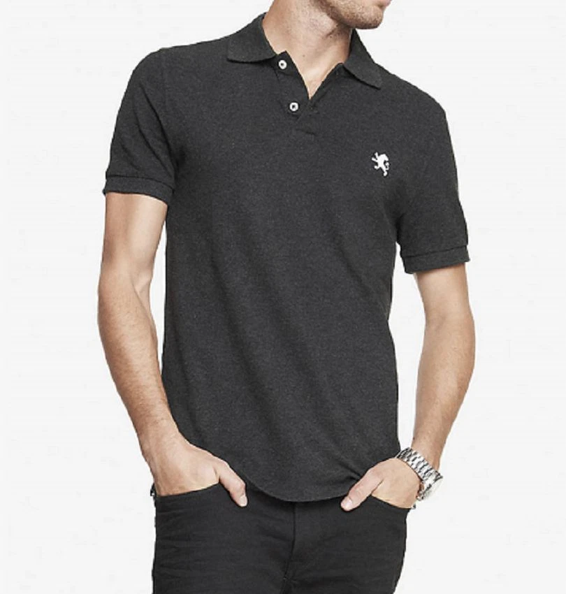 NWT【 L 】Express Men's FITTED Small Lion Logo Pique Polo Shirt CHARCOAL