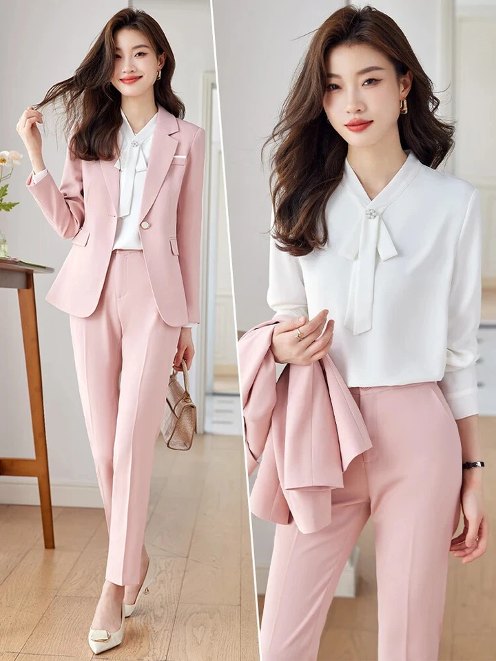 Trajes Rosa Otoño Negocios Mujeres Blazer Pantalones Conjuntos Oficina Damas Foto 2 de 4