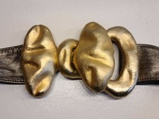 Vintage 80s big metal Gold Bow belt buckle leather LAUREN J retro fun