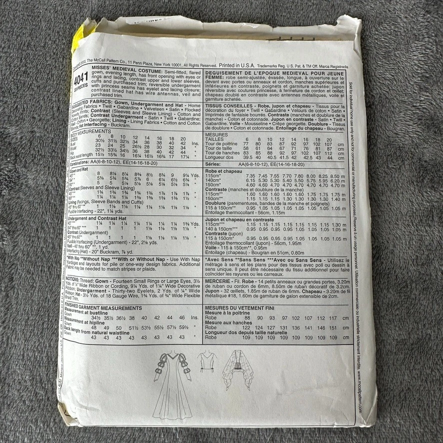 McCalls Sewing Pattern 4041 Sz 14-20 Renaissance Medieval Dress Costume Theater - Image 3 of 4