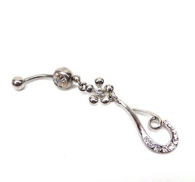 Flower Dangle Belly Button Ring Oval Charm Clear Gems Surgical Steel 316L 14g