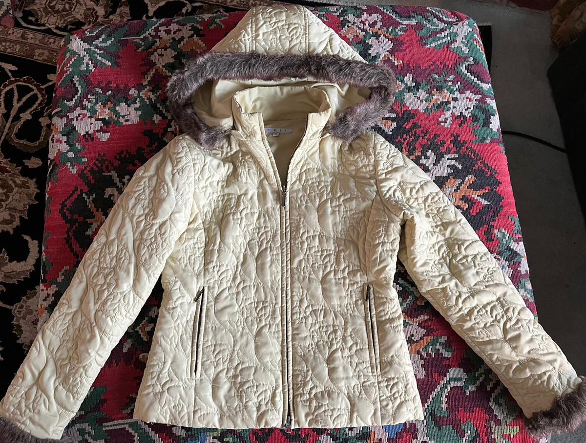 CAbi 362 Flax Yellow Quilted Faux Fur Trim Removable Hood Zip