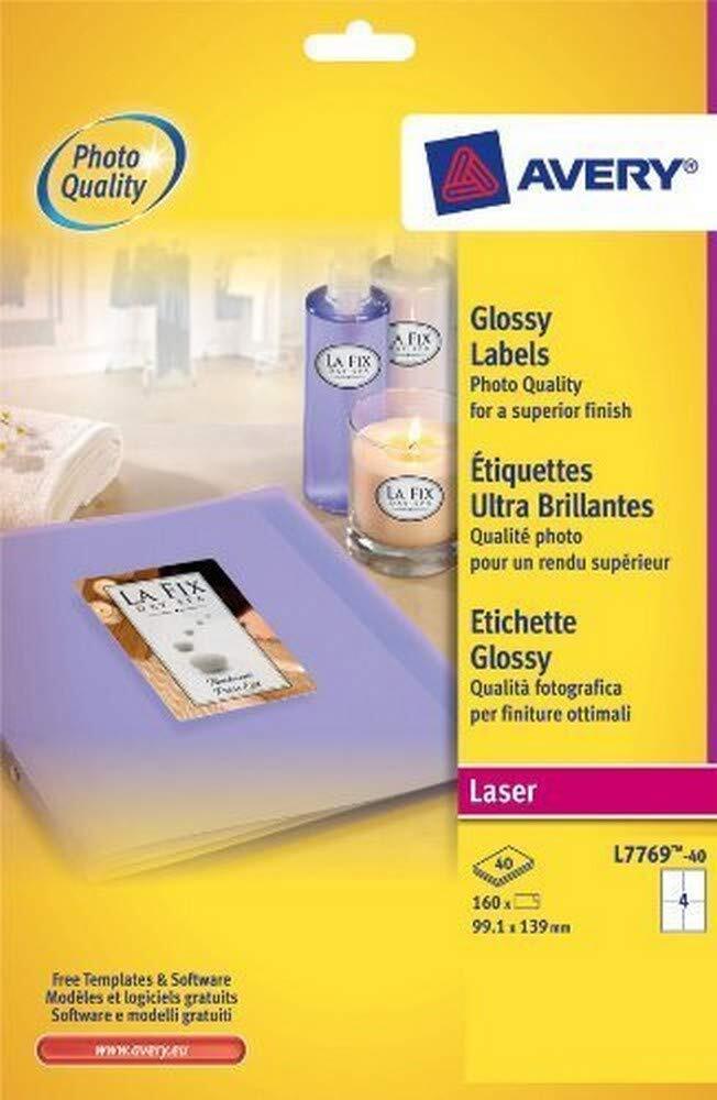 Avery L7769-40 Self-Adhesive Glossy Labels, 4 Labels Per A4 Sheet 1 White