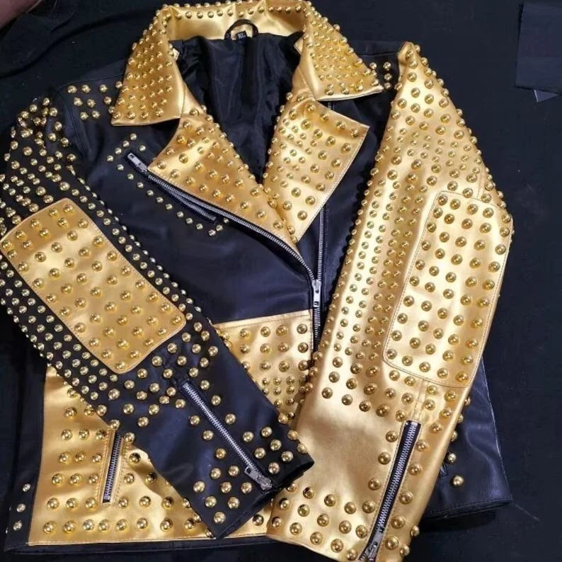 Men's Studded Leather Jacket Gold & Black Punk Rock Biker Jacket Hip Hop Outwear