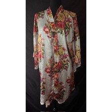 Floral Satin Kimono Robe Cream Red Pink Yellow Rose Print Long Sleeve Loungewear