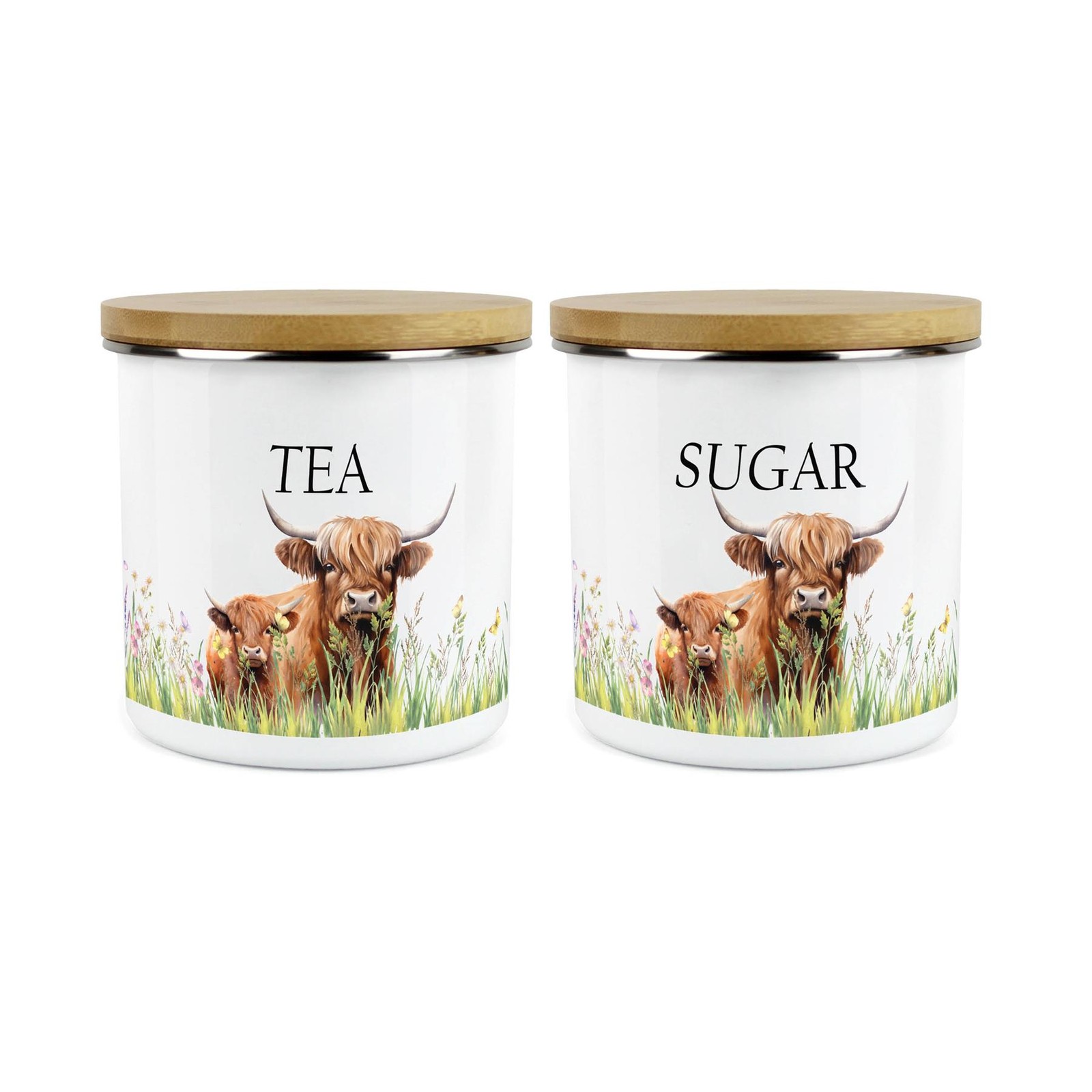 Highland Cow & Calf Tea & Sugar Canisters Set - Enamel Kitchen Storage Gift