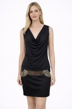 bebe Black Dress Draped Blouson Beaded Detail Stretch Cocktail Party Size M