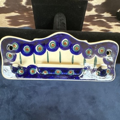 CER-REF Ceramic Key/Purse Hanger, Blue Peacock Pattern Rectangular Scalloped 