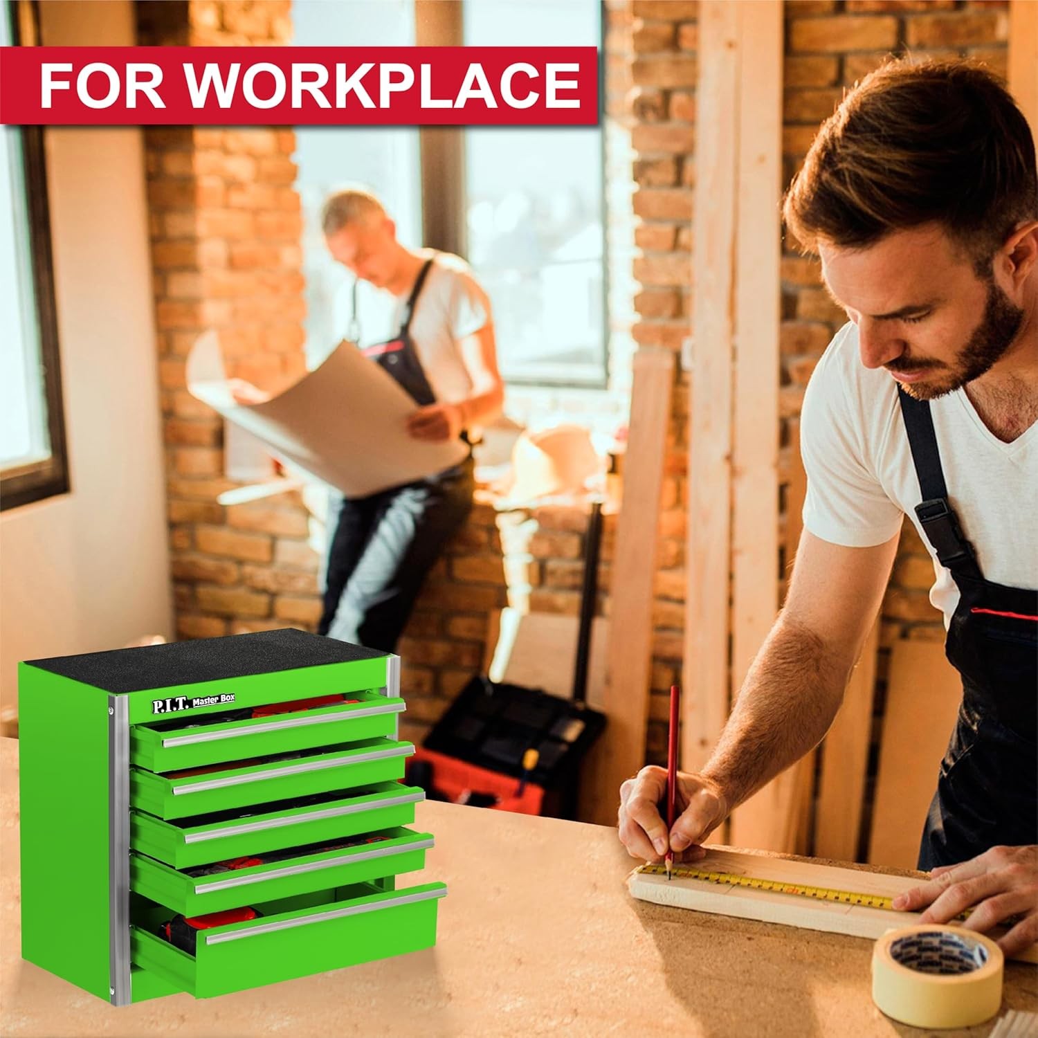 P.I.T. Mini Green Tool Box, Portable 5-Drawer Micro Roll Cab 5-Drawer, 