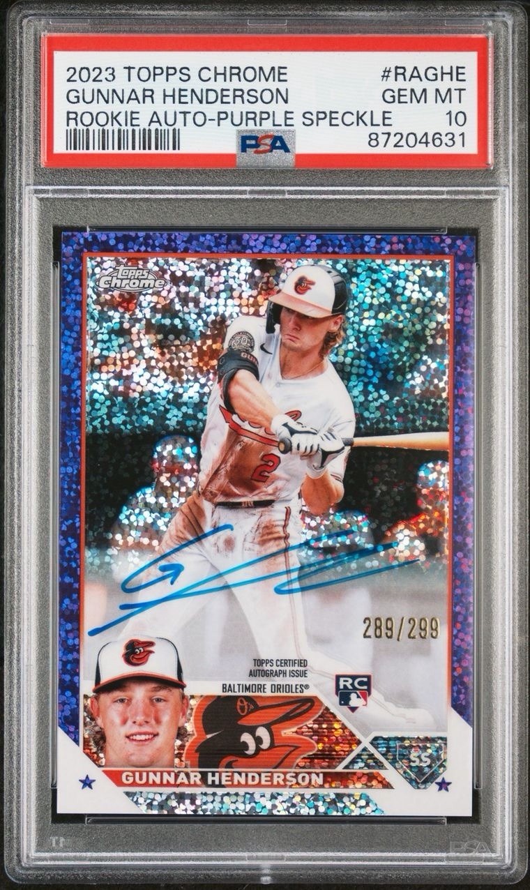 2023 Topps Chrome Rookie Auto Gunnar Henderson Purple Speckle /299 PSA 10 (AU)