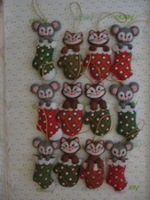 1980s Bucilla Christmas Jeweled Holiday Ornaments 'kitts-mitts mice' Lot of 12