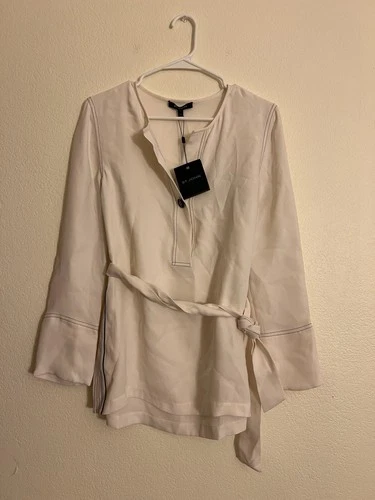 St John 2 White Black Contrast Stitch 100% Silk Button Open Side Tunic Top $795